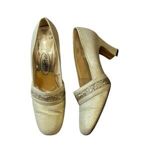 Vintage 1960s Gold Glitter Heels Chunky Heel Party Shoes / Size 6.5 M -
